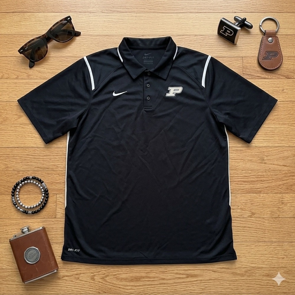 Nike Purdue Boilermakers Polo Shirt Mens L Black Dri-FIT Short Sleeve Large